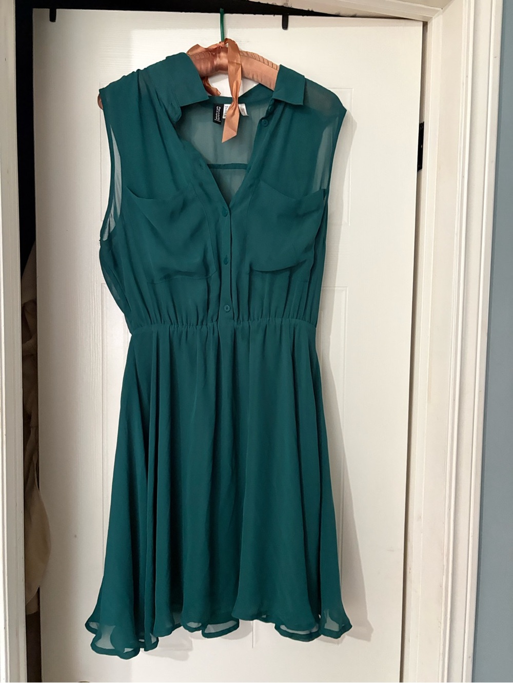Sleeveless Teal Shirt Dress with Elastic Waist